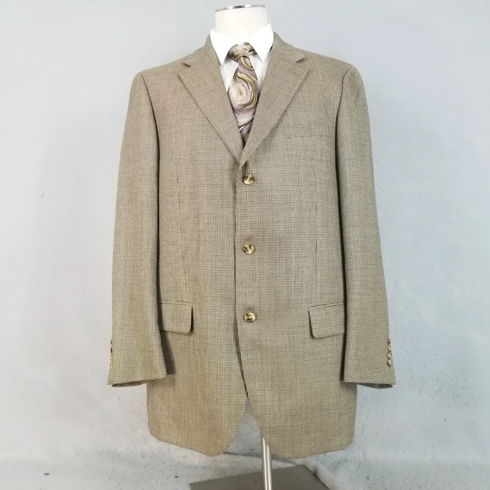 T. Harris Blazer Mens 44L Tan Wool Micro Check 3-Button Sport Coat Y937
